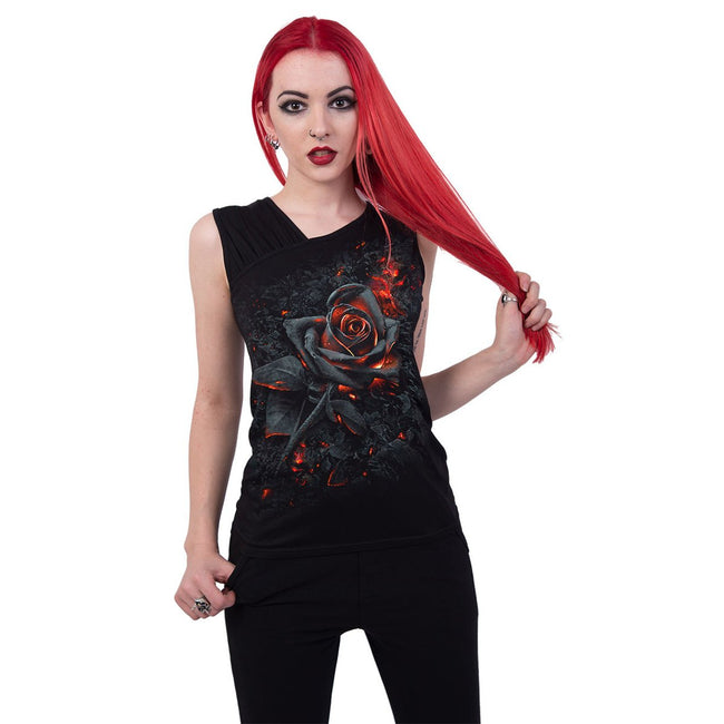 BURNT ROSE - Gilet noir asymétrique à épaules froncées