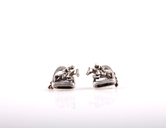 Silver Steed 3D Jump over the Stirrup Stud Earrings