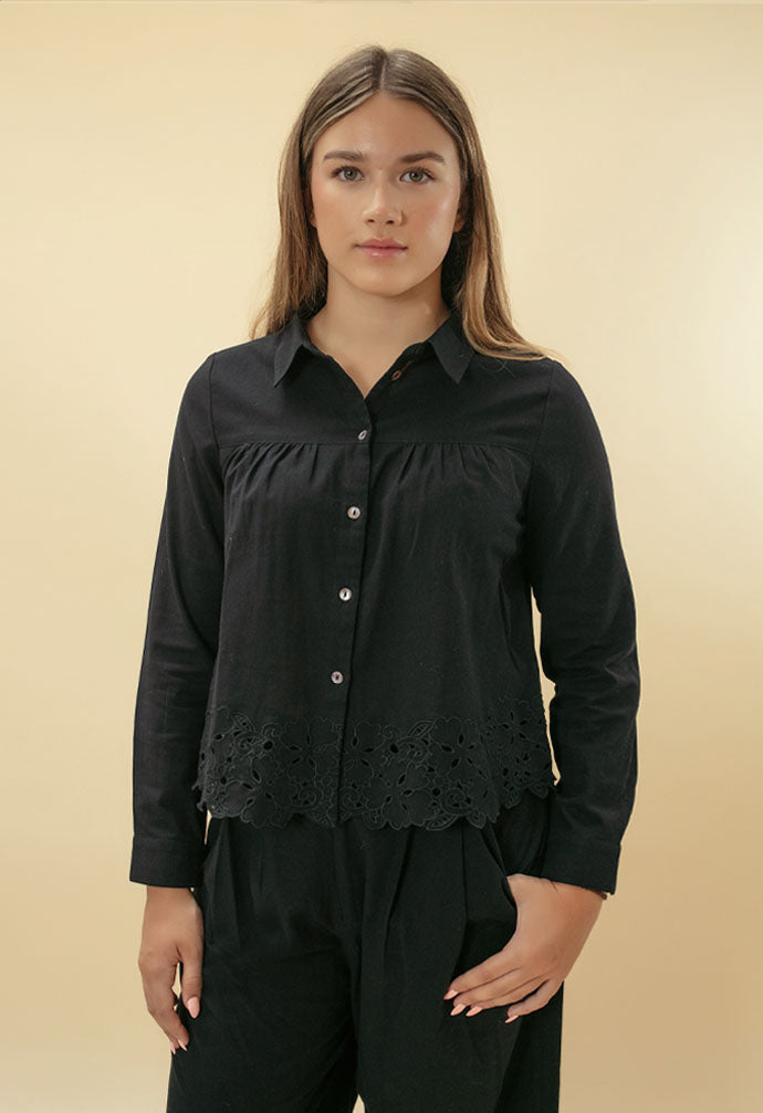 Sirena Embroidered Cutwork Trouser - Black