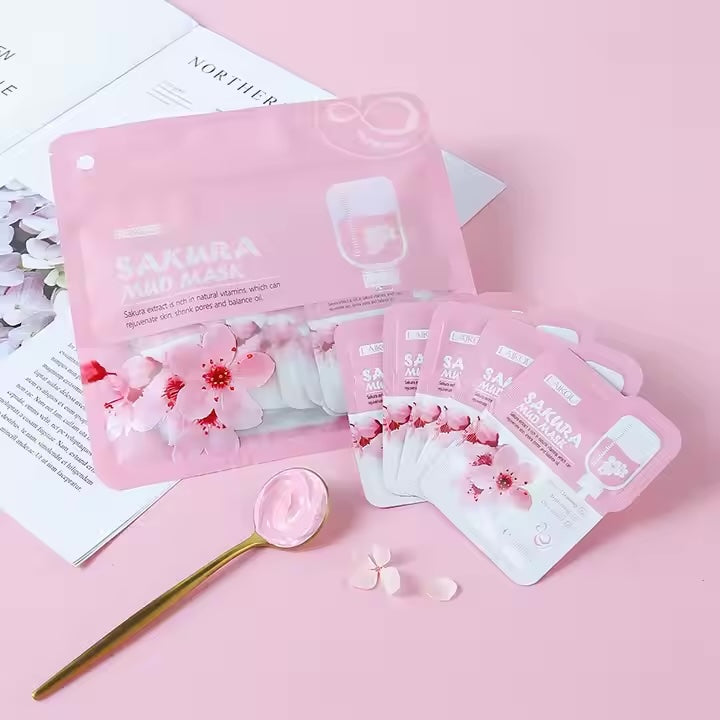 LAIKOU 5*12pcs Sakura Mud Cream Mudmask Skincare Dark Spot Corrector Brighten Clay Facialmask Cleansing Skin Care Product 60g