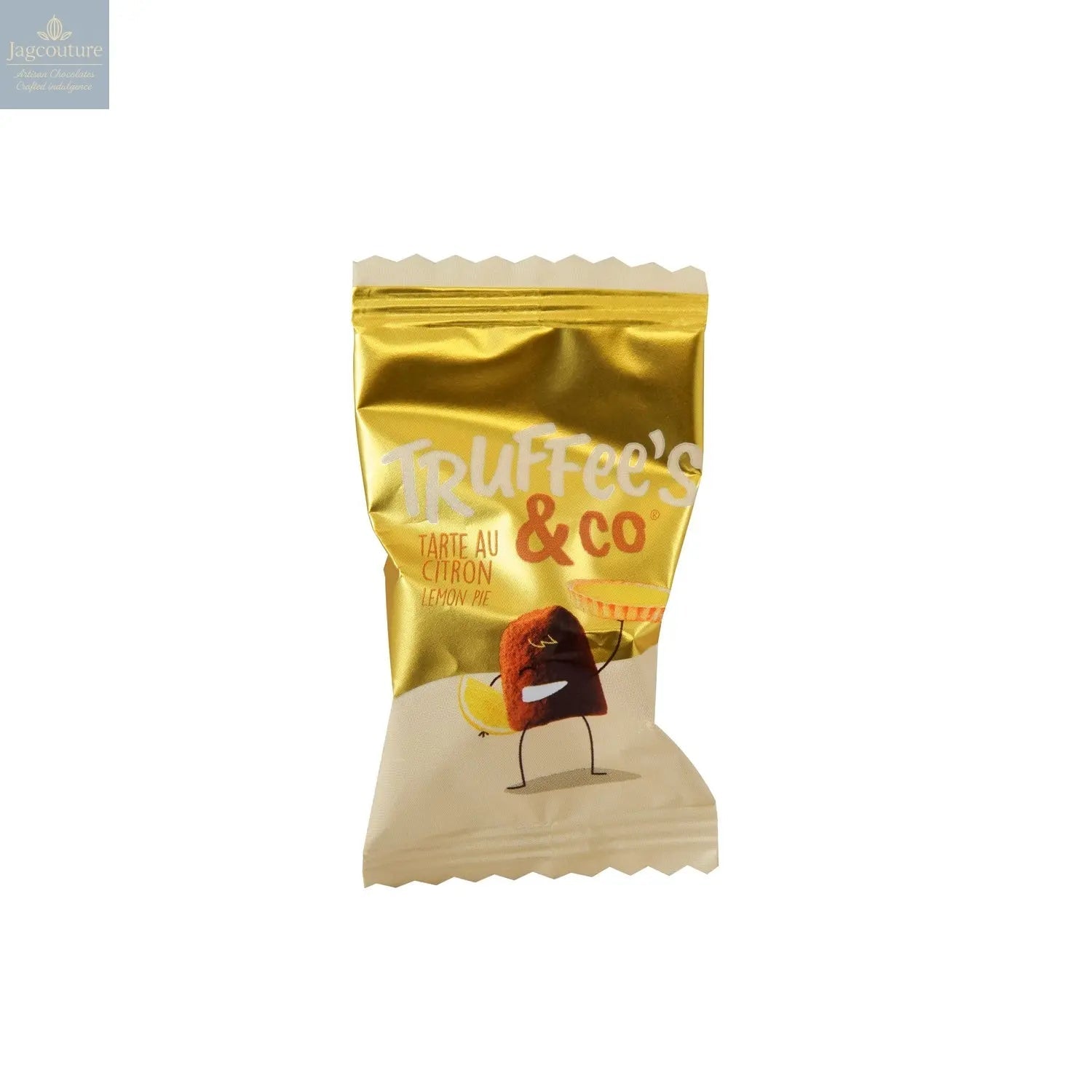 Lemon pie - cocoa dusted flavoured French truffles in yellow flow wrap. approx 400pcs