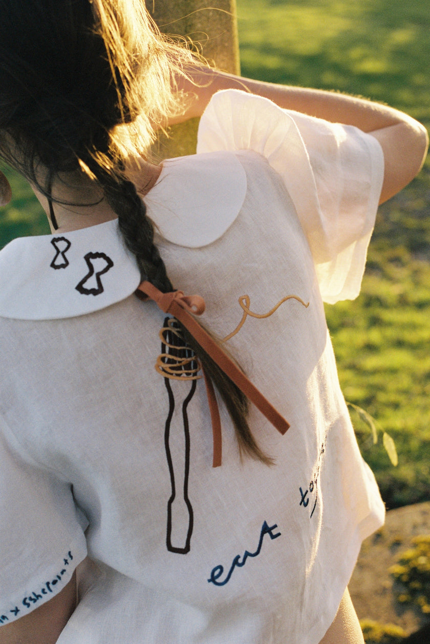 Eat Together Embroidered Frances Linen Blouse - White  x Sshepaints - Made to Order