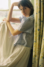 Frances Linen Cropped Blouse  - Royal Blue Gingham