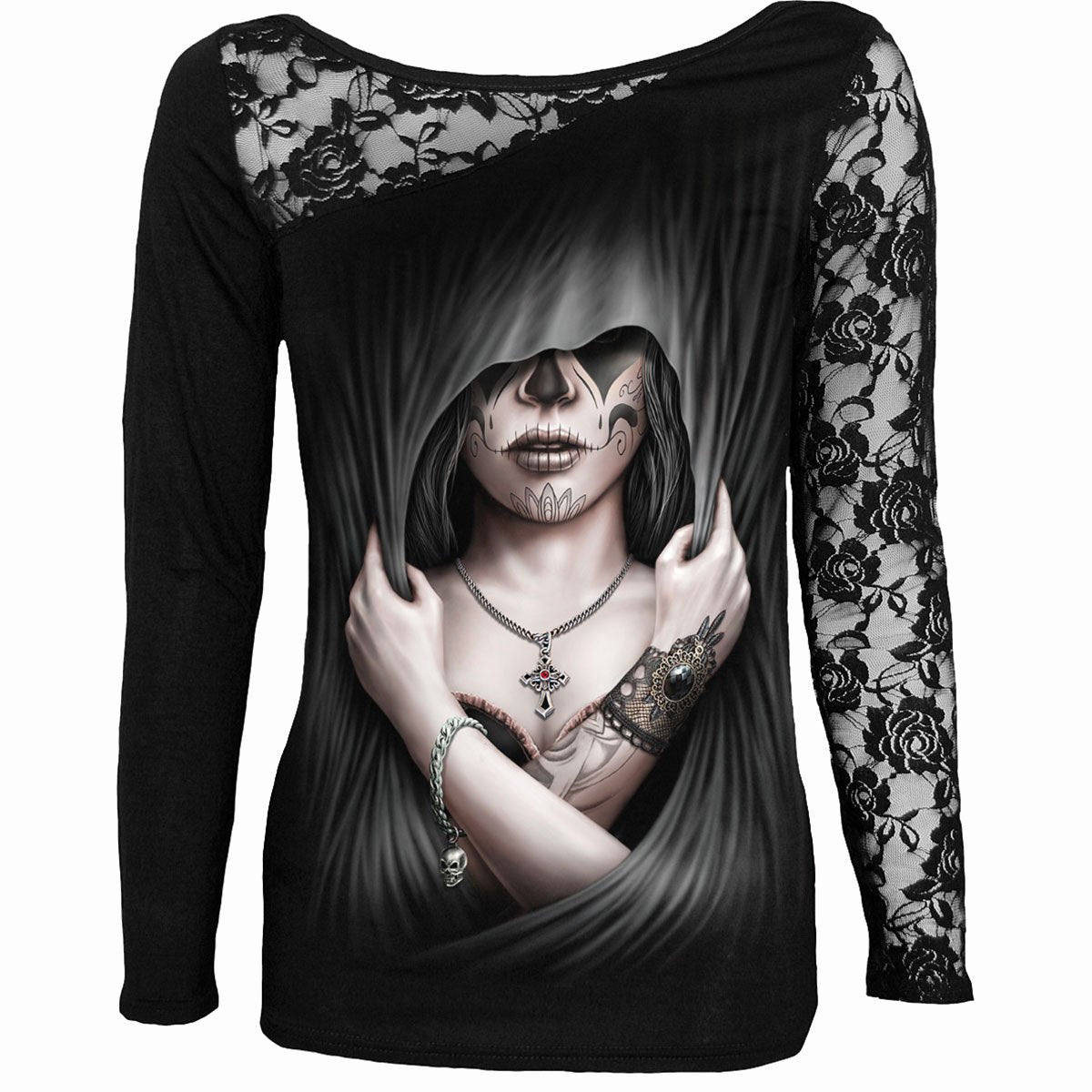 DEAD LOVE - Top de encaje con un hombro al descubierto negro