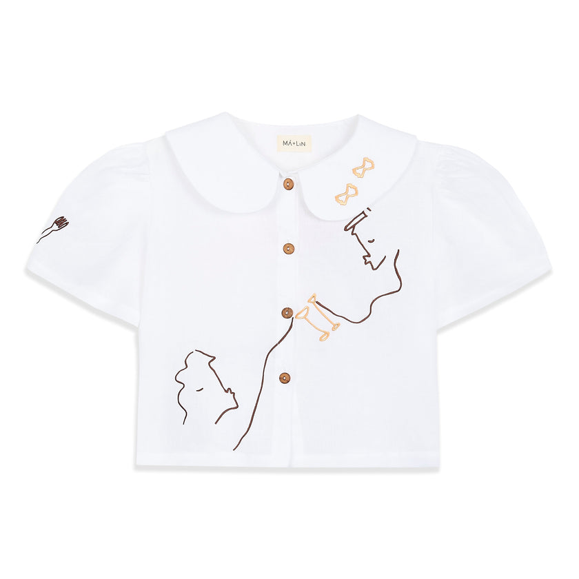 Eat Together Embroidered Frances Linen Blouse - White  x Sshepaints - Made to Order
