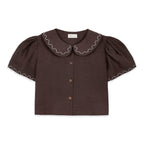 Frances Linen Cropped Blouse with Embroidered Trims  - Chocolate