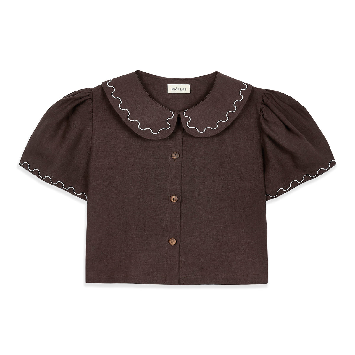 Frances Linen Cropped Blouse with Embroidered Trims  - Chocolate