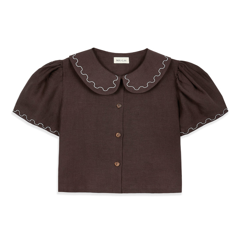 Frances Linen Cropped Blouse with Embroidered Trims  - Chocolate