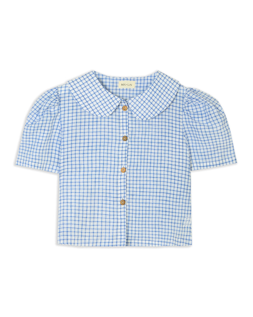 Frances Linen Cropped Blouse  - Royal Blue Gingham