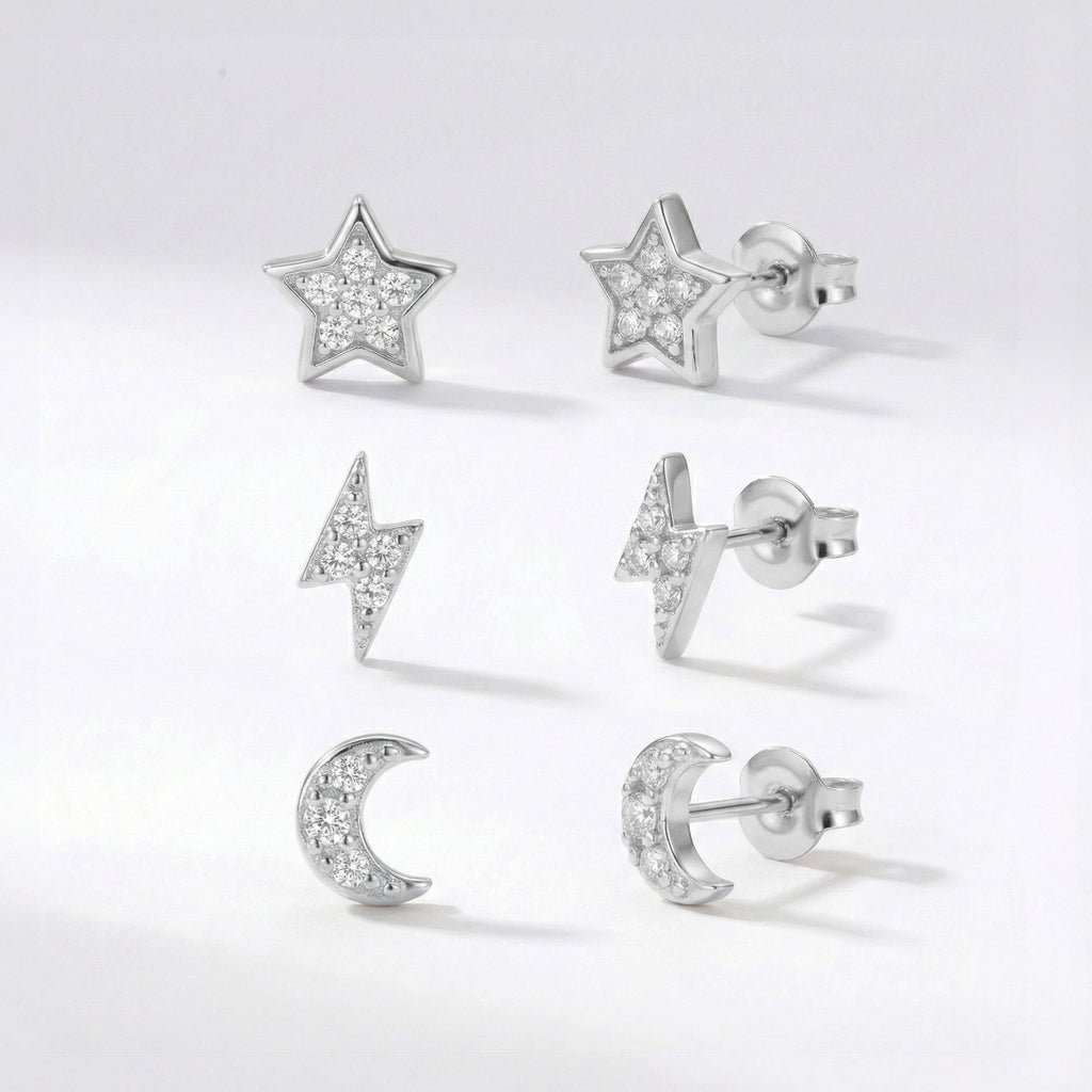 Conjunto de pendientes Miku Lightning, Luna y Estrella | Plata de ley 925