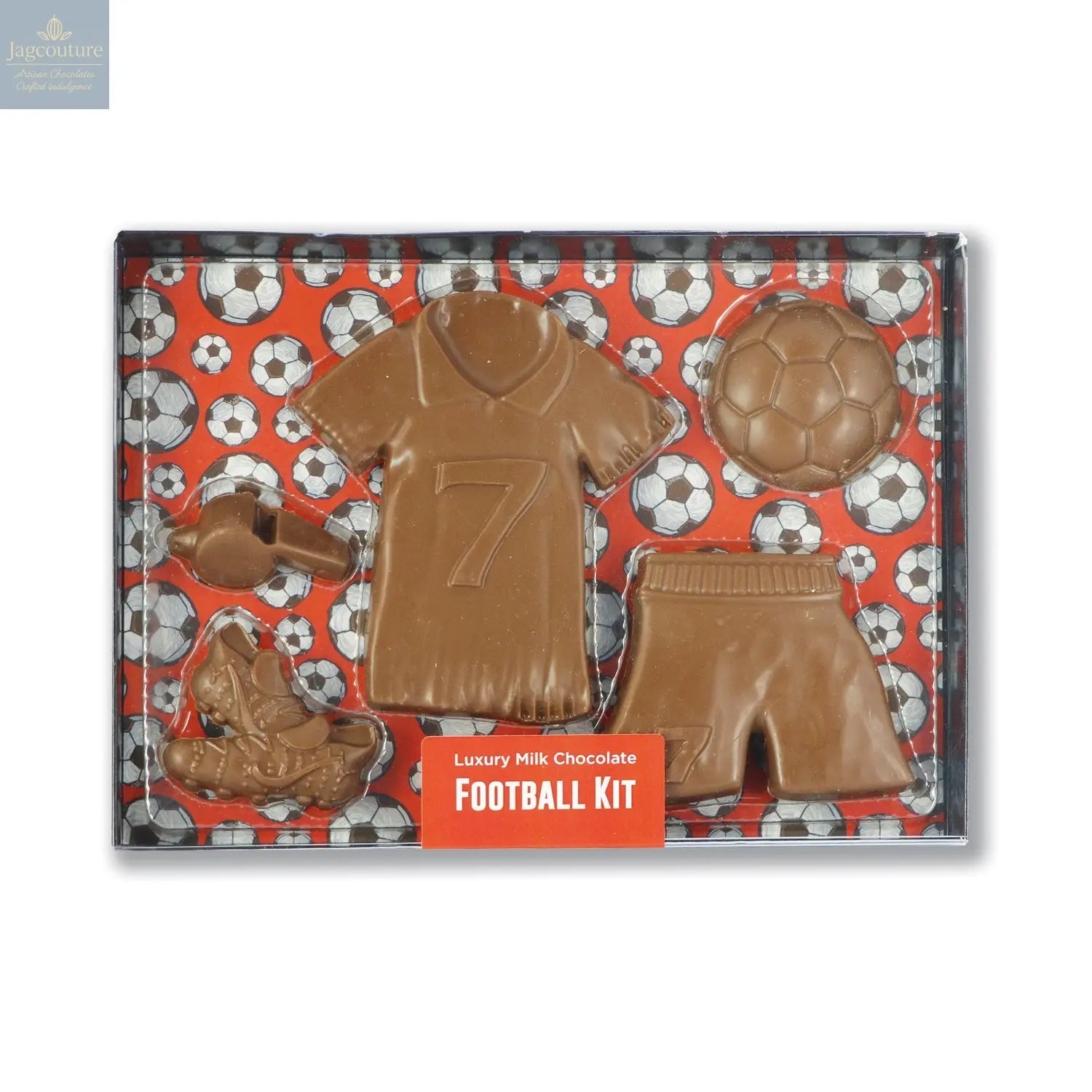 Milk chocolate football kit in black gift box with clear lid