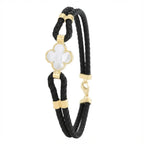 14K Gold Detail Bracelet – Mother of Pearl Clover Braided | Braided Black Band | Majestic Jewellery
