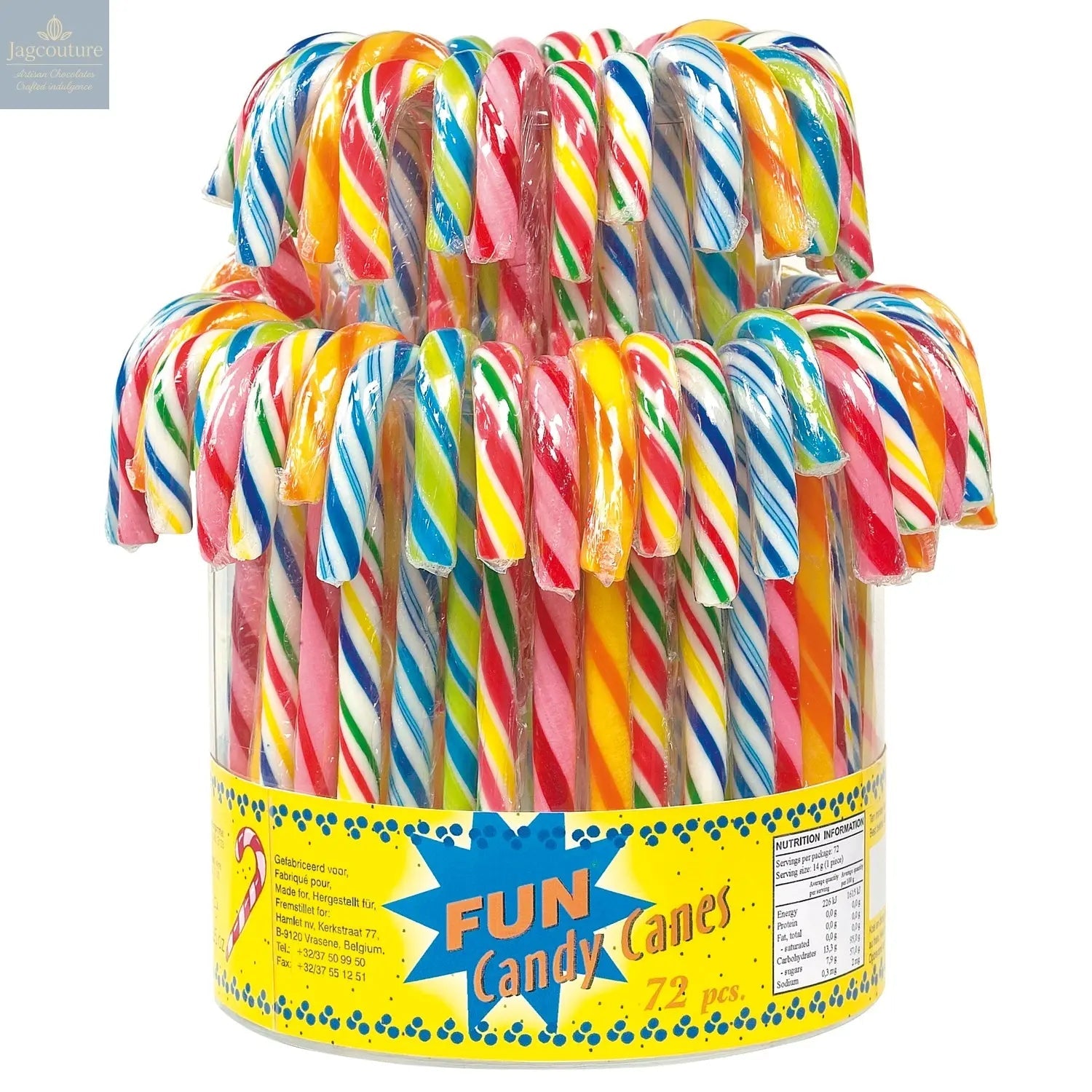 Multi-coloured fruit flavoured candy canes in display bucket (12.8cm) 13g