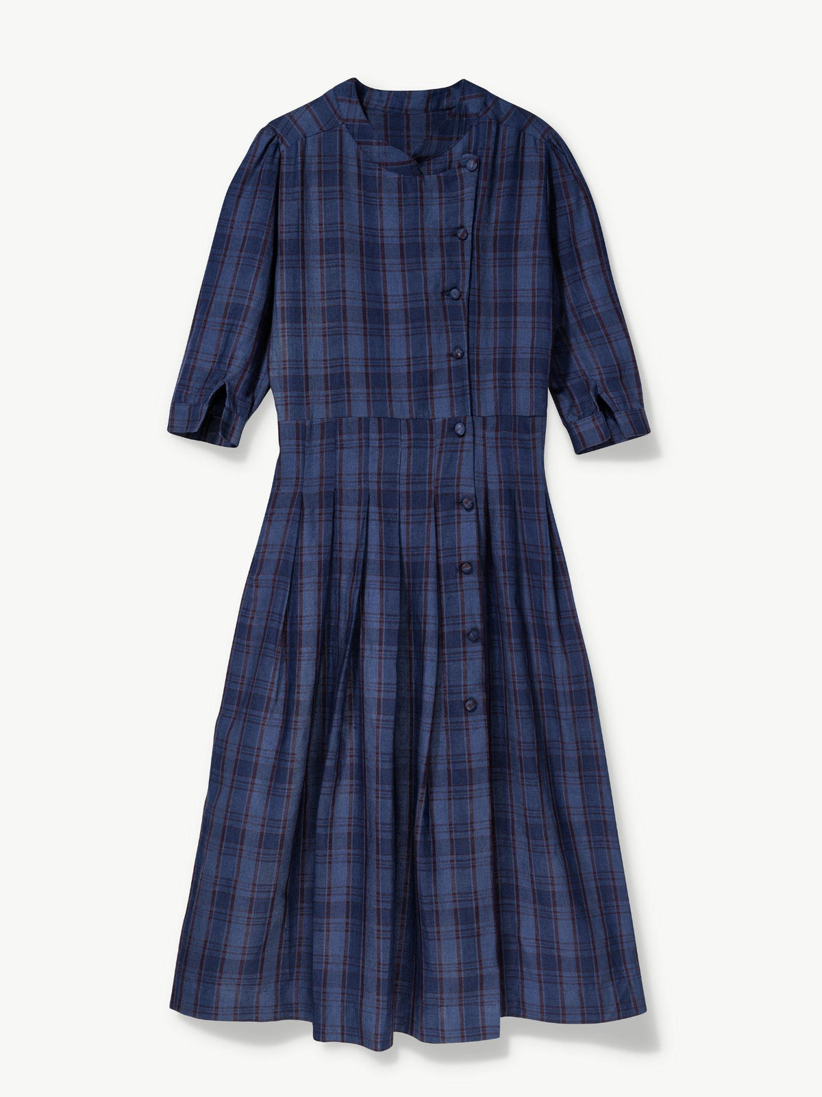 Button Midi dress with pockets Organic Navy Check Linen  – Talitha | No More Nobody