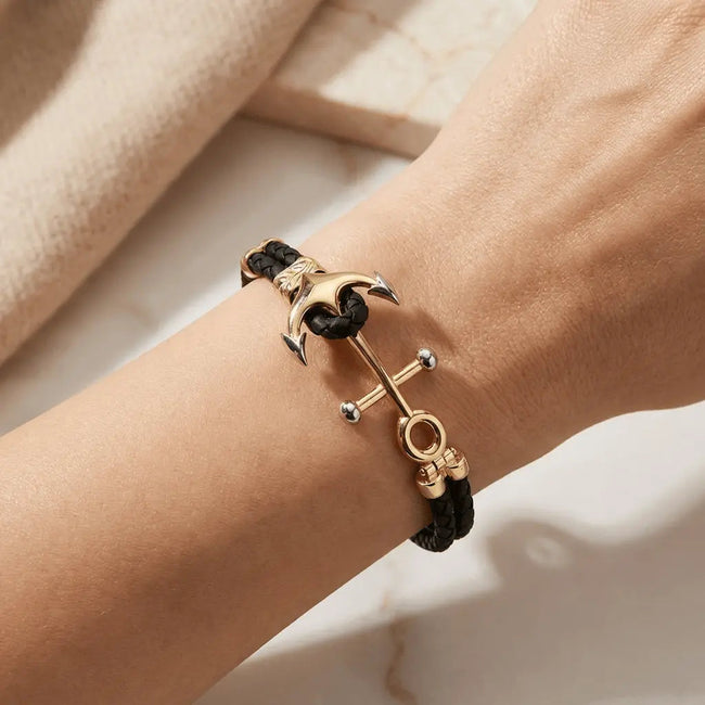 Bracelet avec ancre marine en or 14 carats | Double tresse | Bracelet tressé noir | Bijoux majestueux