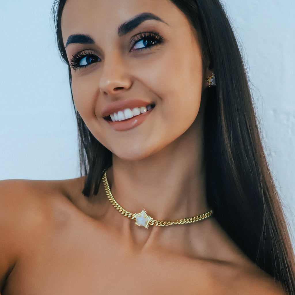 Collier ras du cou étoile à pointes Odette Moonstone | Plaqué or 18 carats