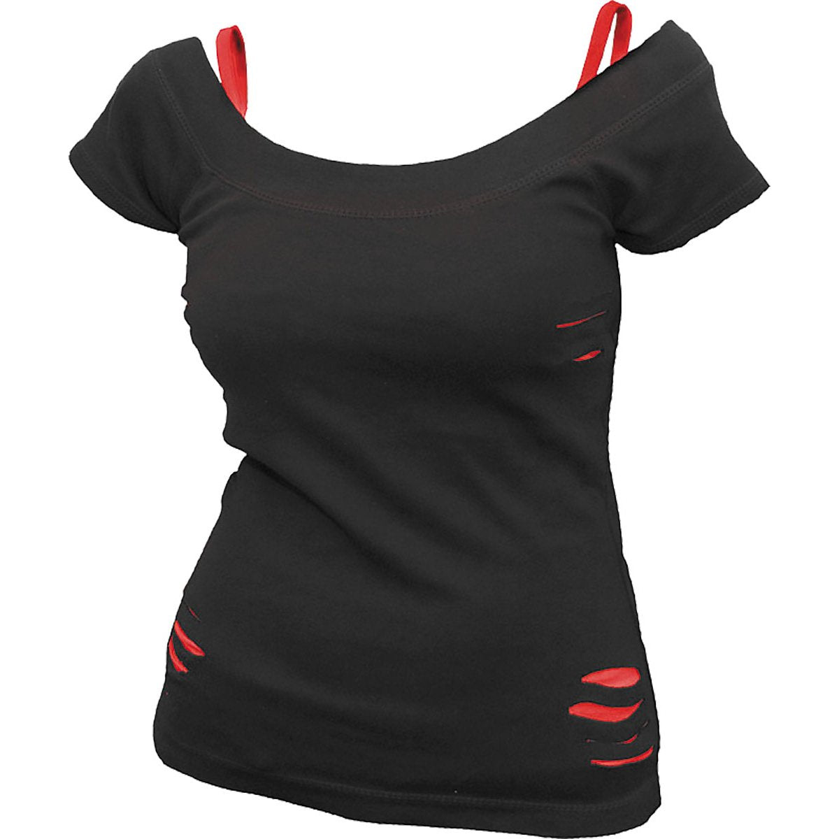 MODA URBANA - Top rojo rasgado 2 en 1 negro