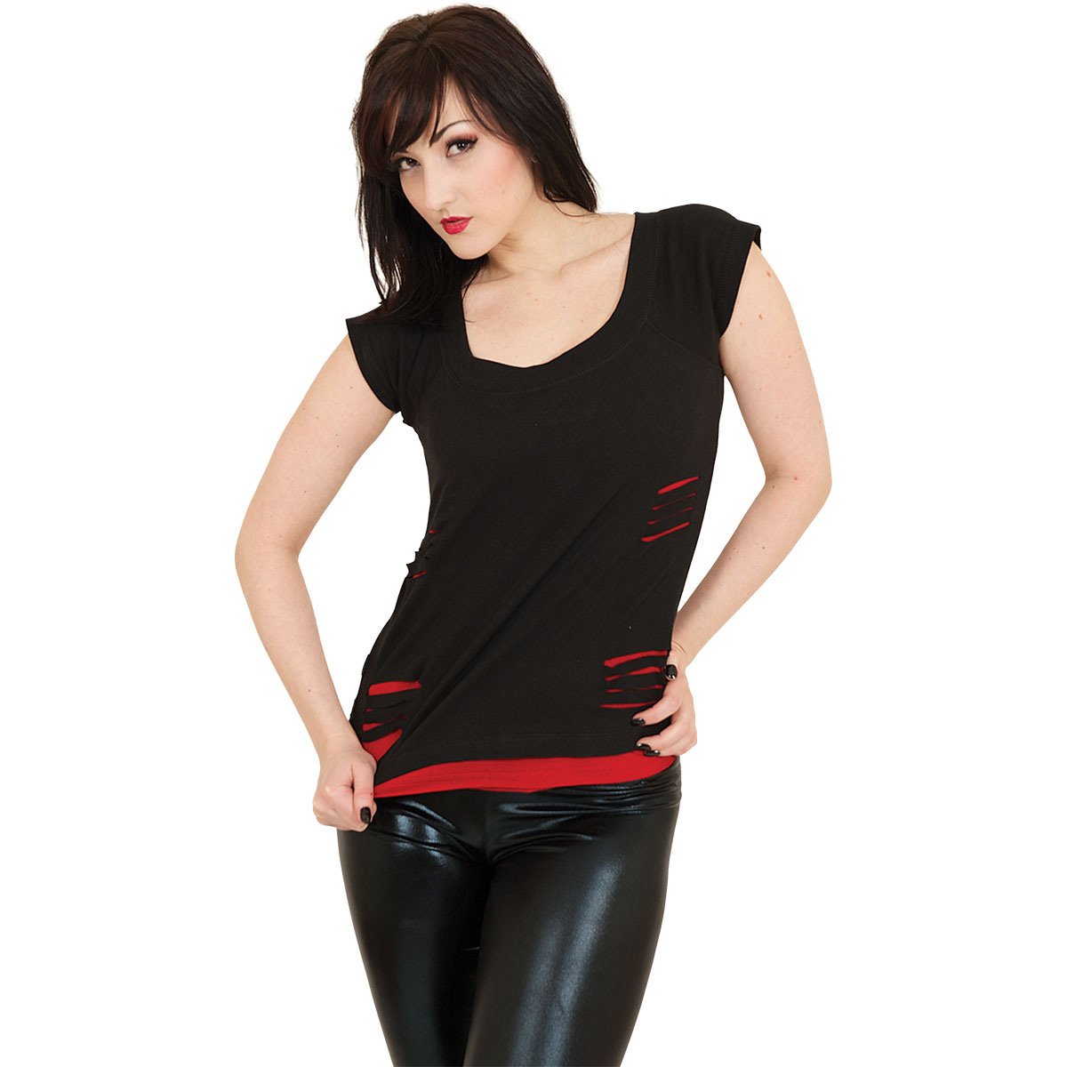 MODA URBANA - Top rojo rasgado 2 en 1 negro