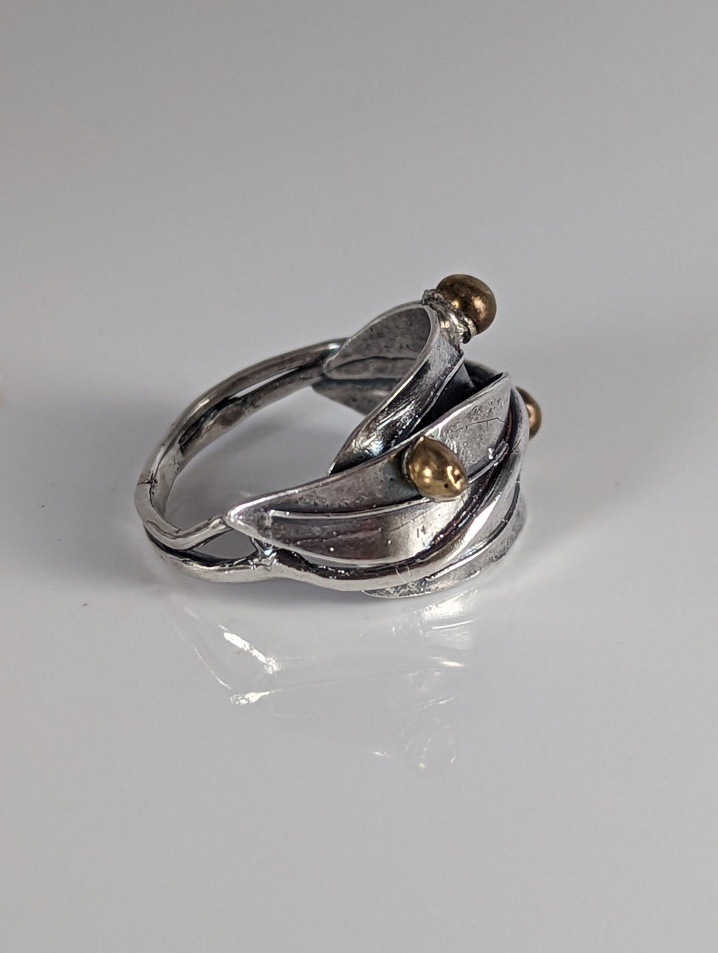 925 Silver Leaves Ring with Brass Buds – Artisan Silver Band Inspired by Nature