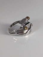 925 Silver Leaves Ring with Brass Buds – Artisan Silver Band Inspired by Nature