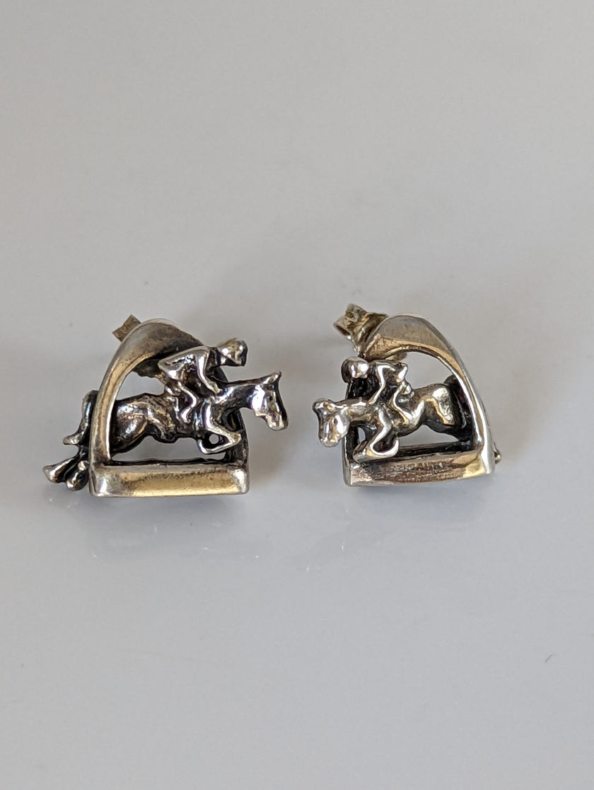 Silver Steed 3D Jump over the Stirrup Stud Earrings