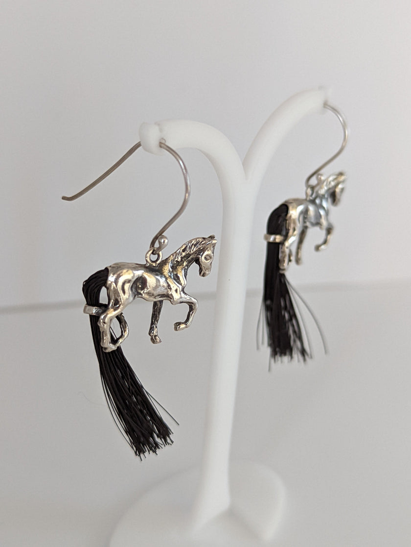 Silver Steed Large Silver Horse Long Earrings with horse hair tail