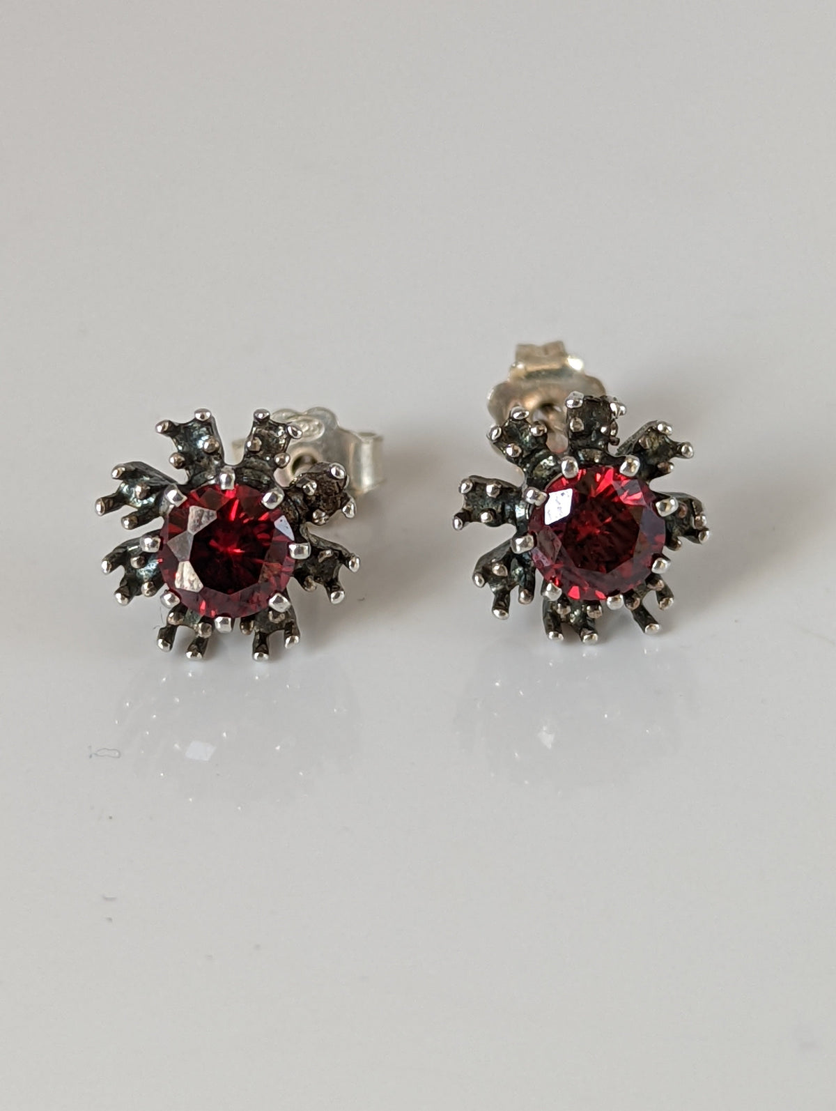 Silver Steed Red Crystal Sunflower Stud Earrings