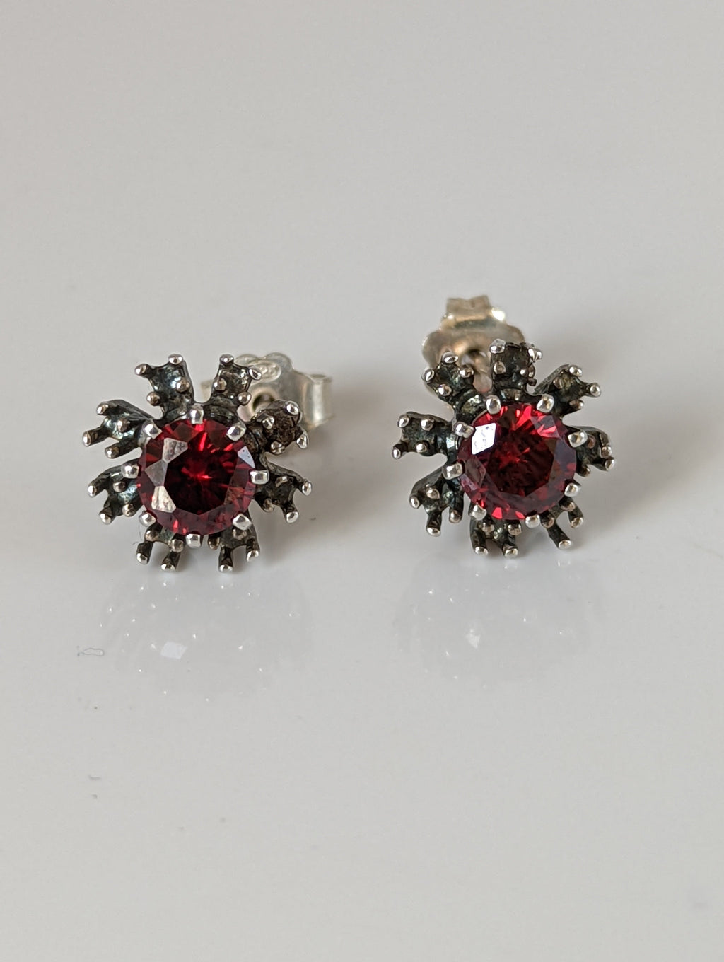 Silver Steed Red Crystal Sunflower Stud Earrings