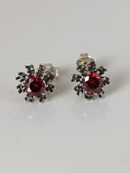 Silver Steed Red Crystal Sunflower Stud Earrings
