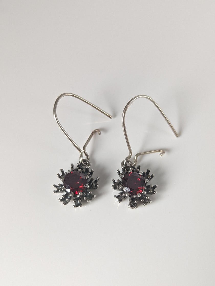 Silver Steed Red Crystal Sunflower Dropped Earrings