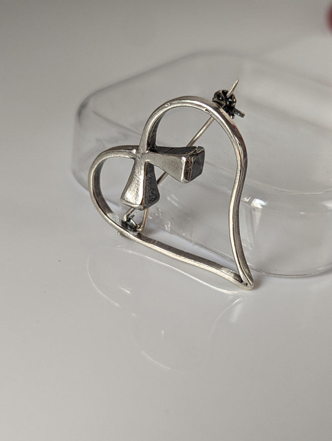 Broche Cœur Fer à Cheval et Clou d'Attelage / Épingle de Cravate de Chasse en Argent