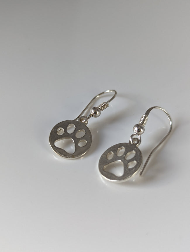 Silver Steed Round Paw Print Tag Silver Dropped Earrings