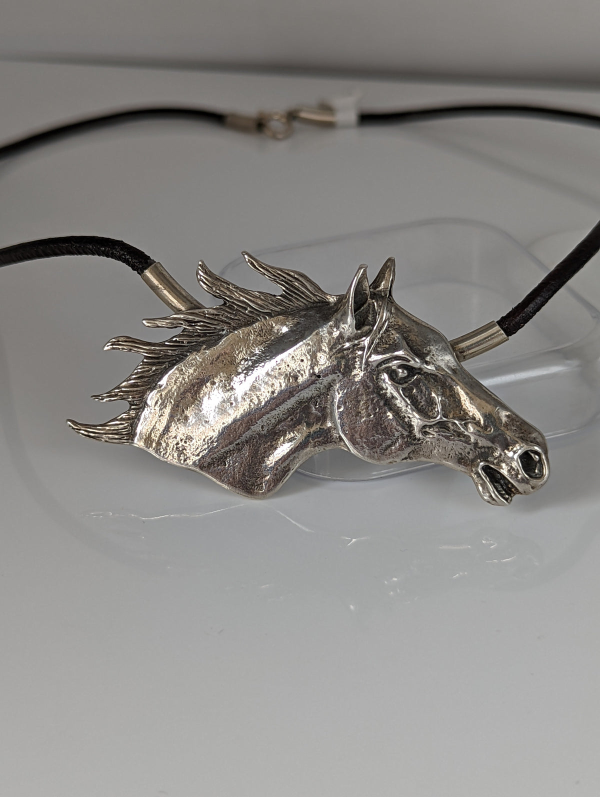 Silver Steed Large Horse Head on Leather Cord Necklace