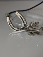 Silver Steed Big Horseshoe With Oak Leaves and Acorns On Cord Necklace