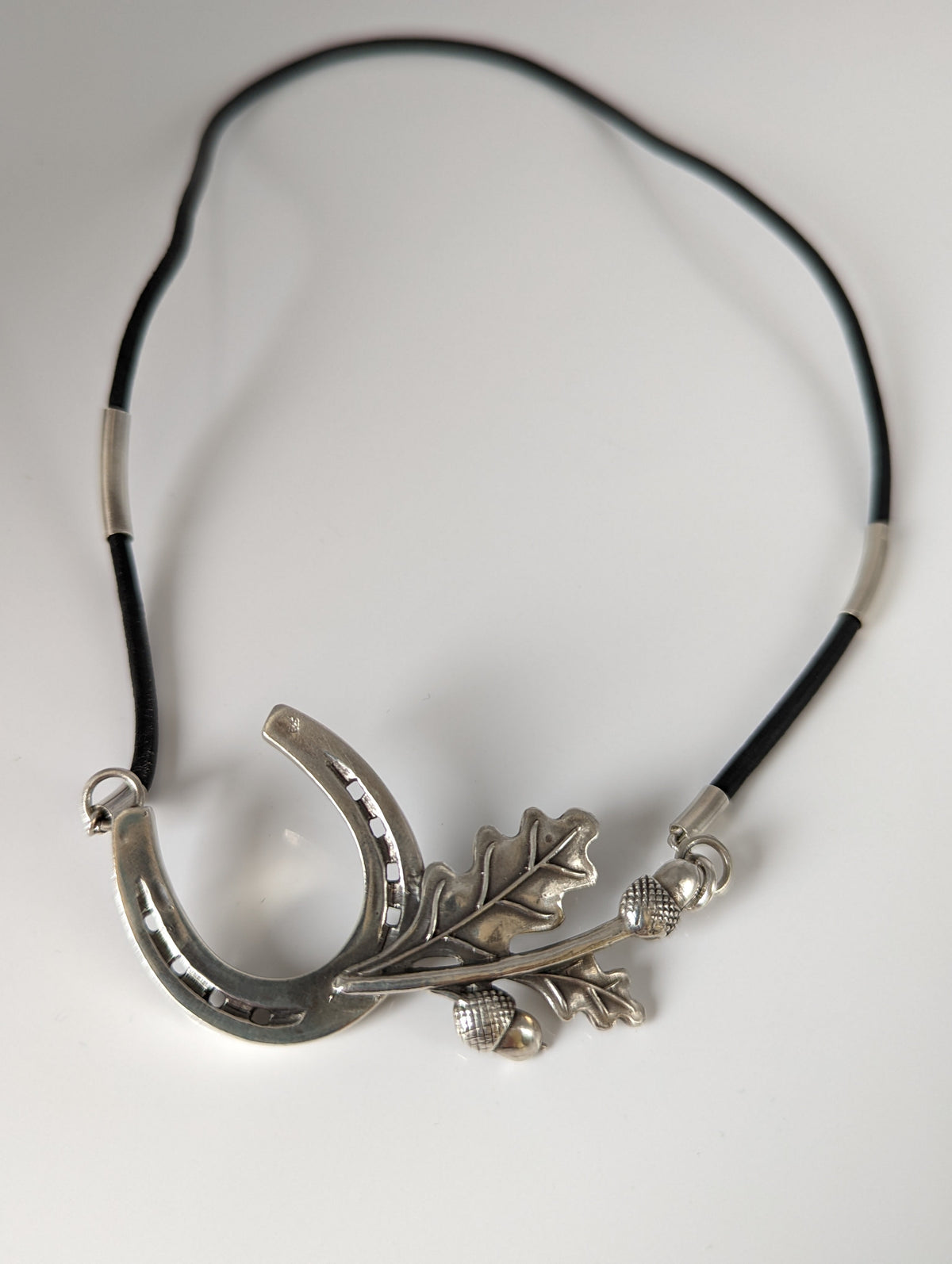 Silver Steed Big Horseshoe With Oak Leaves and Acorns On Cord Necklace