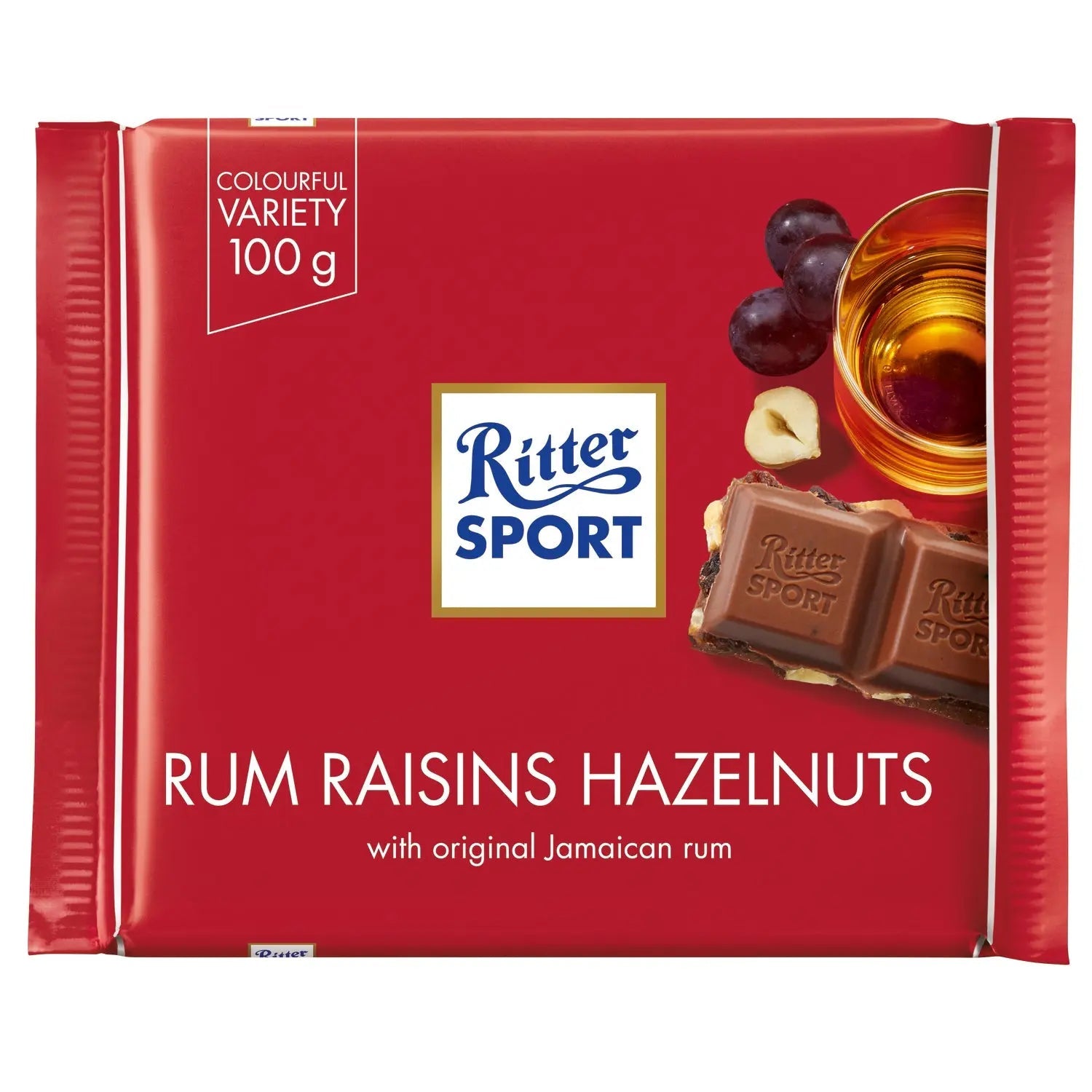 Ritter Sport milk chocolate with rum, raisins and hazelnuts bar
