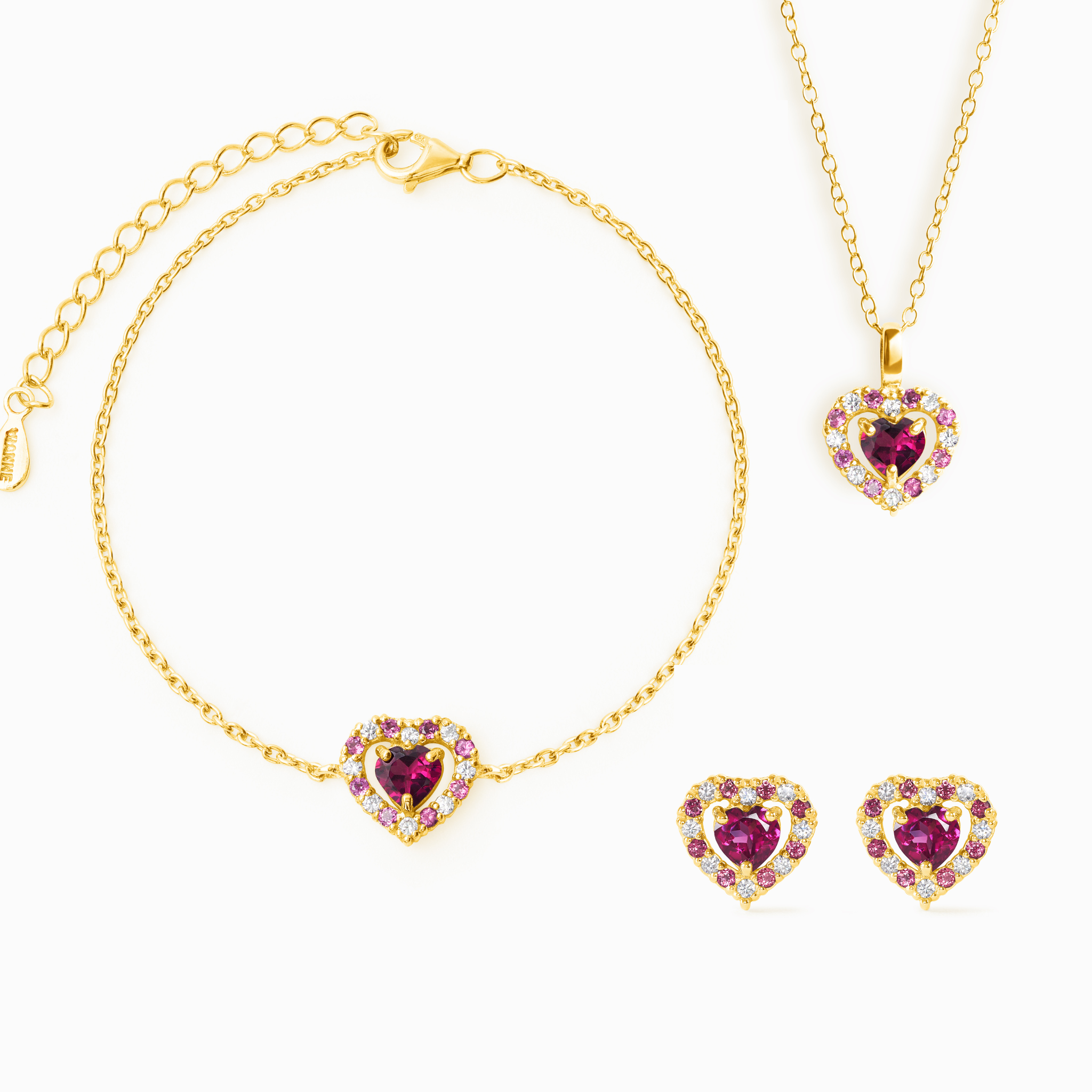 Parure de bijoux Cœur Rouge Grenat Rhodolite en Vermeil Or 18 carats