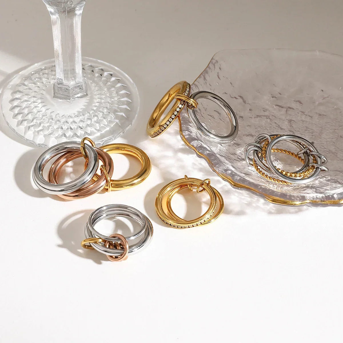 18K Elegant Gold&Bronze&Silver Stacked Rings