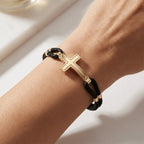 14K Gold Detail Bracelet – Sleek Cross Braided | Braided Black Band | Majestic Jewellery