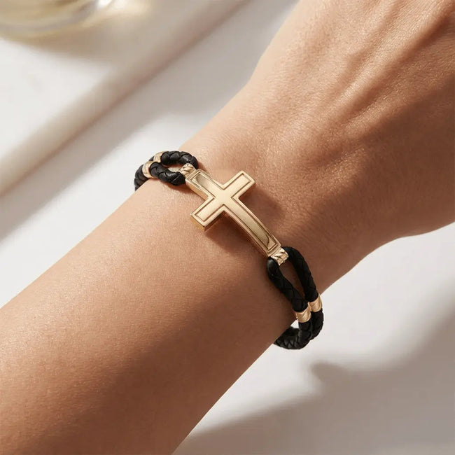 Bracelet détaillé Or 14K – Croix tressée élégante | Bande tressée noire | Majestic Jewellery
