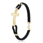 14K Gold Detail Bracelet – Sleek Cross Braided | Braided Black Band | Majestic Jewellery