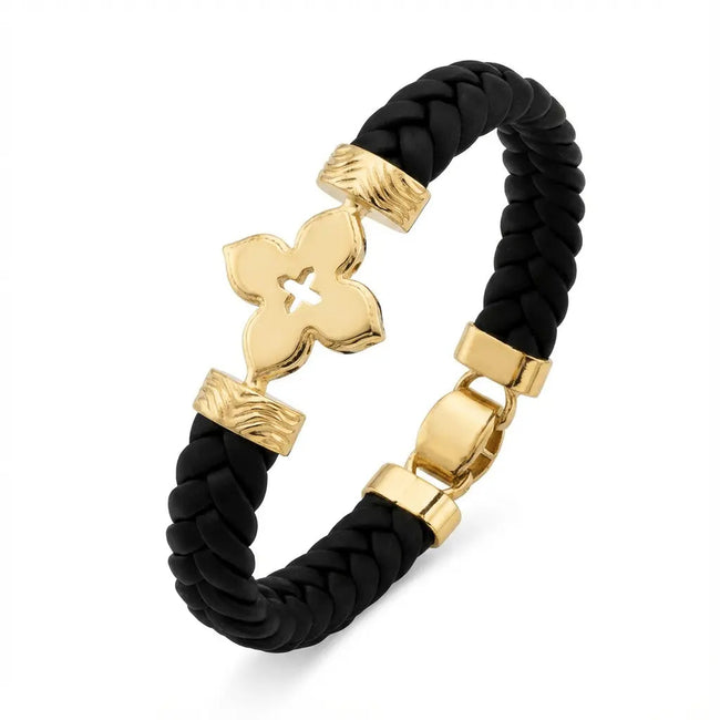 Bracelet détaillé en Or 14 carats – Tressé Trèfle Texturé | Bande Tressée Noire | Bijoux Majestueux