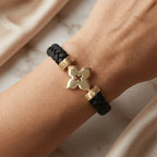 14K Gold Detail Bracelet – Textured Clover Braided | Braided Black Band | Majestic Jewellery