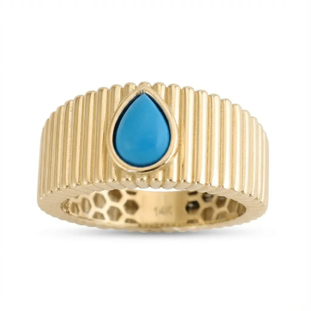 14K Gold Natural Turquoise Ring – Turquoise Drop Textured | Majestic Jewellery