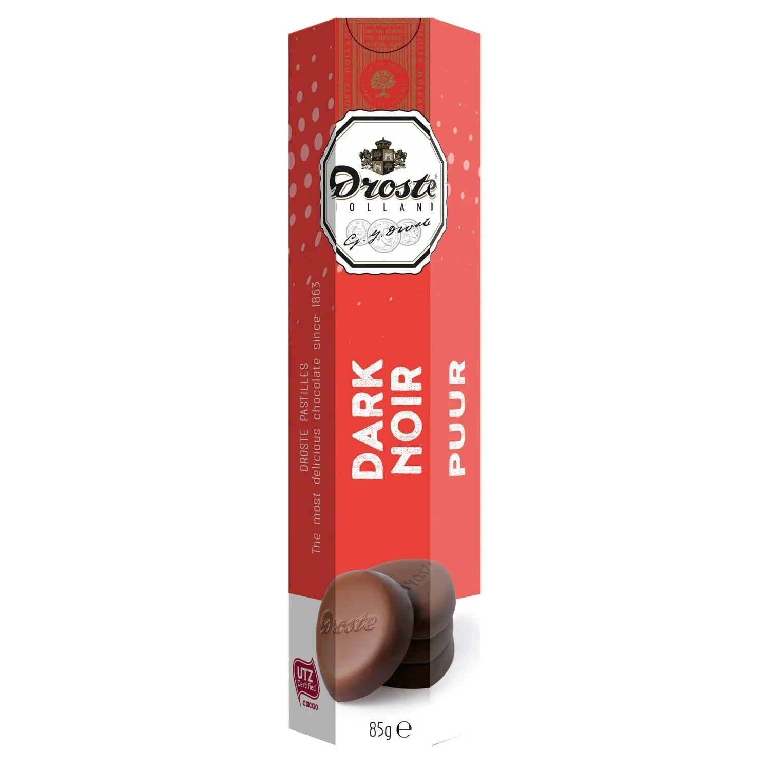 Dark chocolate pastilles in tube