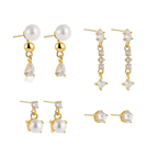 18K Gold Plated 4-Piece Pearl & Cubic Zirconia Stud Earring Set
