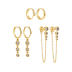 18K Gold Plated 3-Piece Earring Set with Zircon Crystals