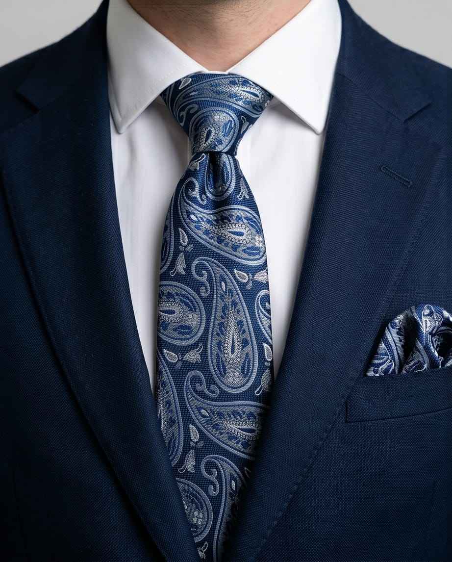 Navy Paisley Tie Set with Matching Pocket Square & Cufflinks