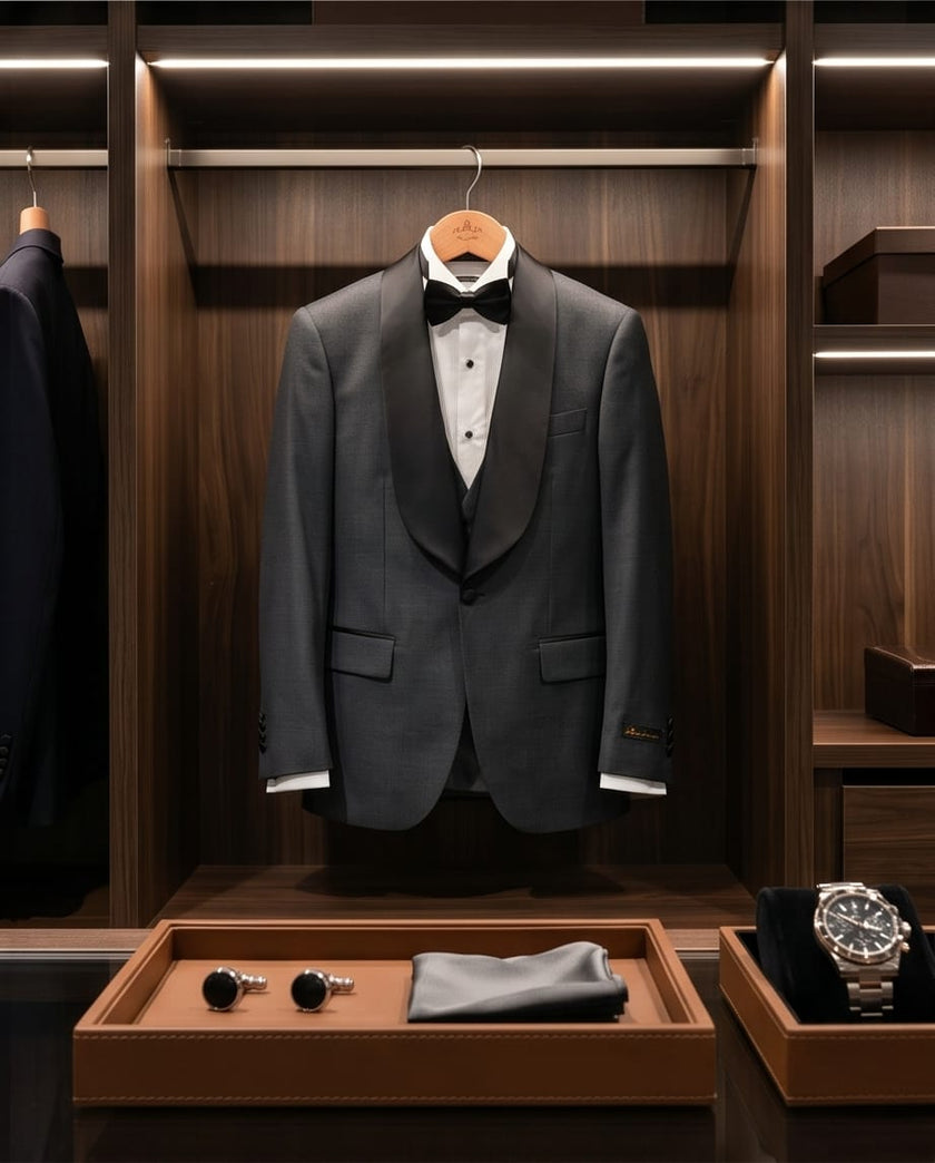 Men’s Slim Fit Wool-Blend Tuxedo with Satin Shawl Lapels – Charcoal