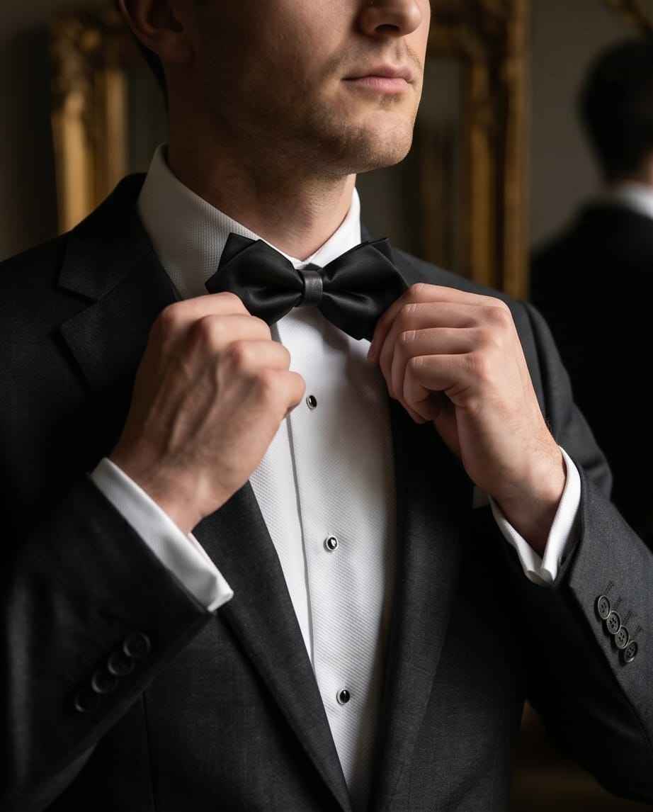 Black Satin Pre-Tied Bow Tie with Adjustable Band